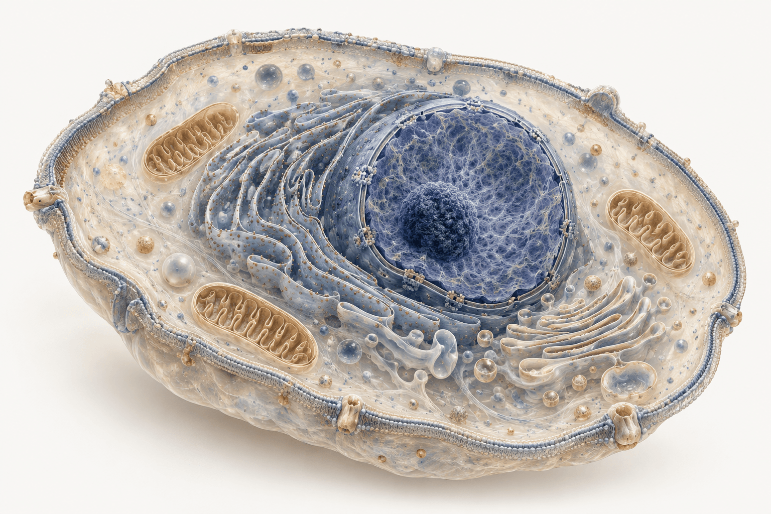 Cellula in sezione: nucleo blu, citoplasma chiaro e organelli. Rappresenta i tessuti su cui agiscono gli ormoni tiroidei.