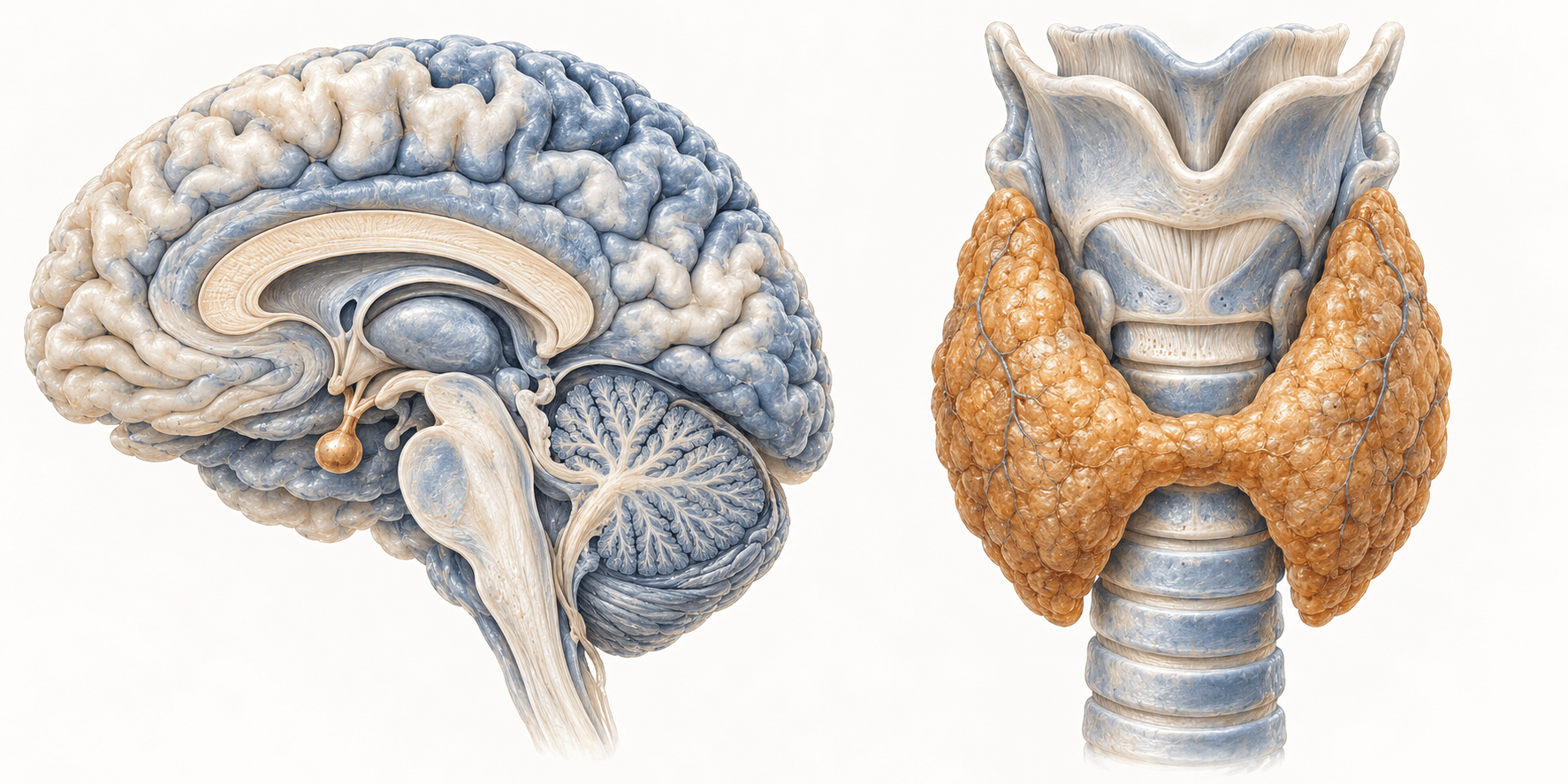 Sezione del cervello: la piccola ipofisi, alla sua base, è evidenziata in ottone.