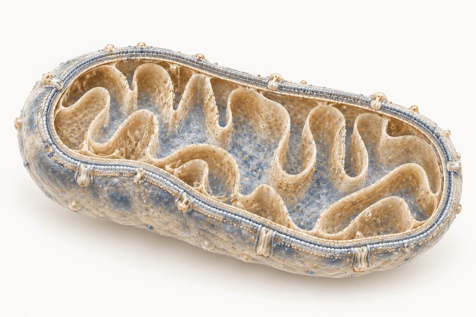 Mitocondrio in sezione longitudinale, con involucro esterno, creste della membrana interna in ottone e matrice chiara.