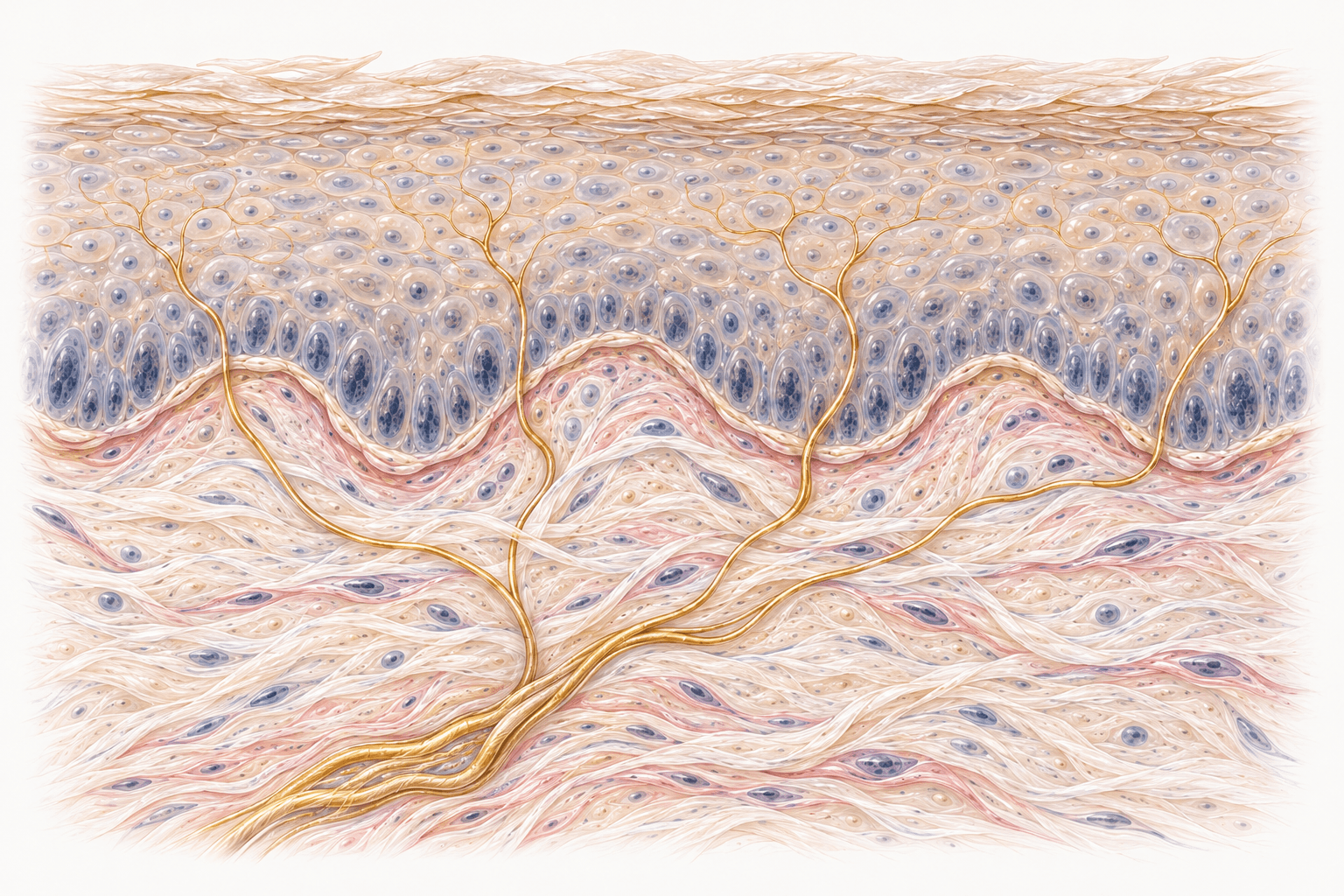 Sezione della pelle: epidermide in alto, derma sotto e sottili fibre sensitive in ottone che risalgono e terminano tra le cellule epidermiche.