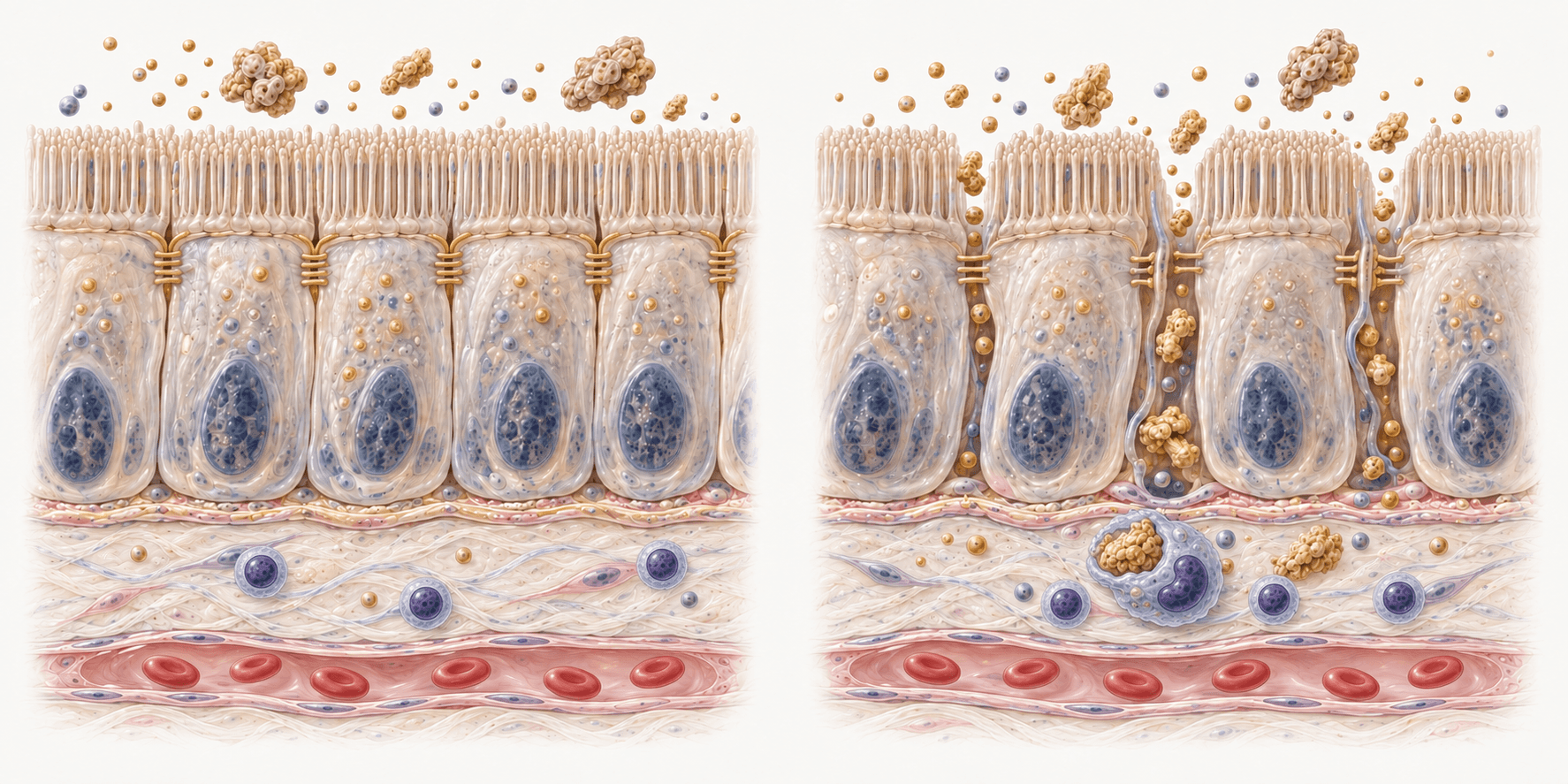 Barriera integra: frammenti alimentari nel lume, sopra uno strato continuo di enterociti uniti dalle giunzioni; sotto, il tessuto di sostegno con poche cellule immunitarie quiete e un capillare con globuli rossi.
