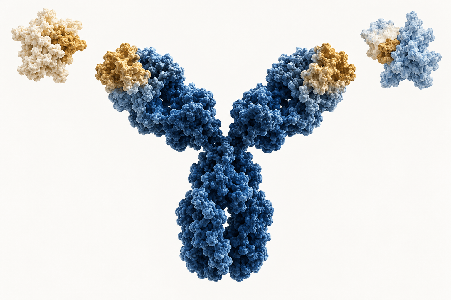 Schema: un anticorpo a forma di Y al centro; in alto a sinistra una proteina esterna e in alto a destra una proteina della tiroide, con un piccolo tratto in ottone simile su entrambe e sulle punte dell’anticorpo.